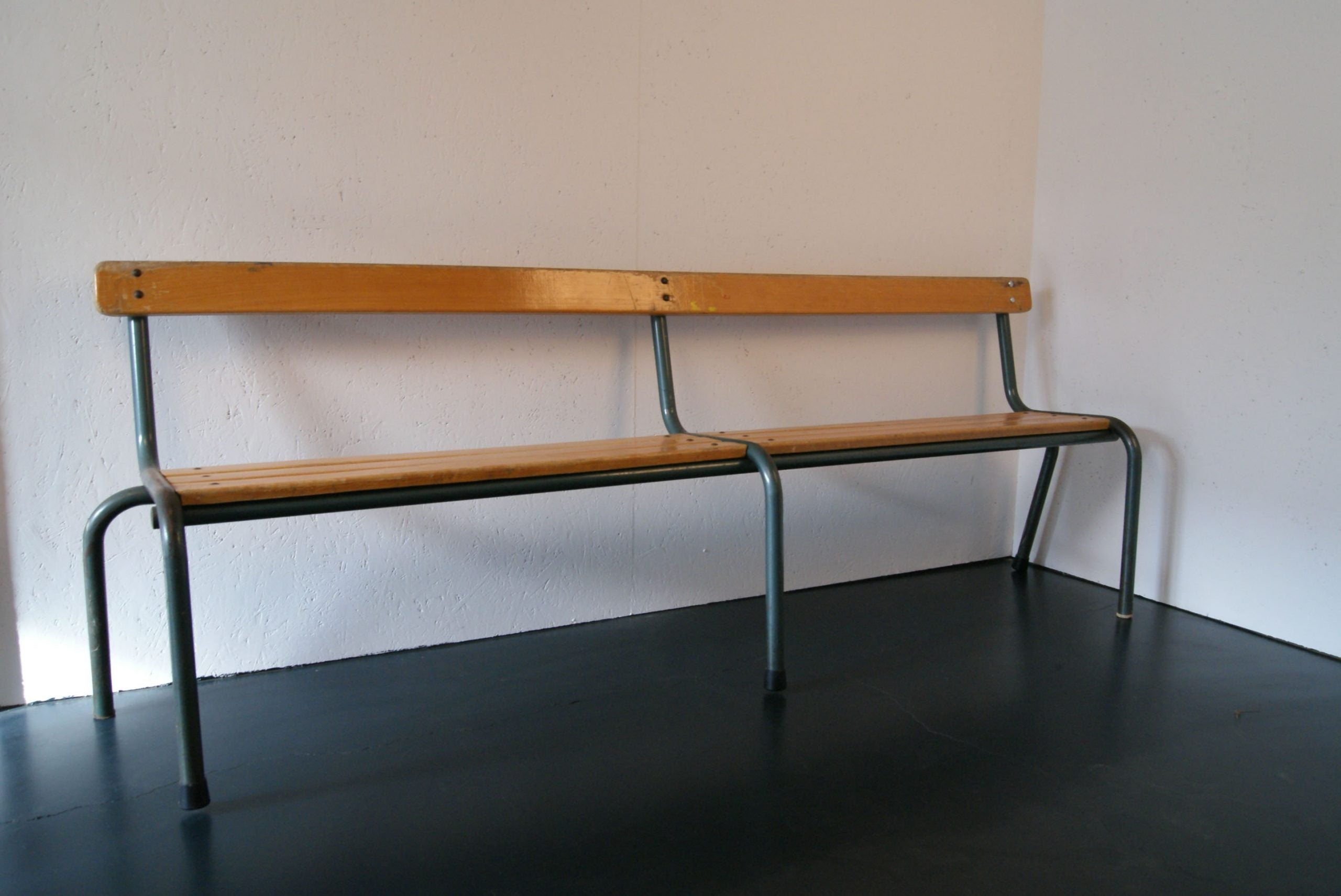 Children's Large Vintage French School Bench with Wooden Seat and Back