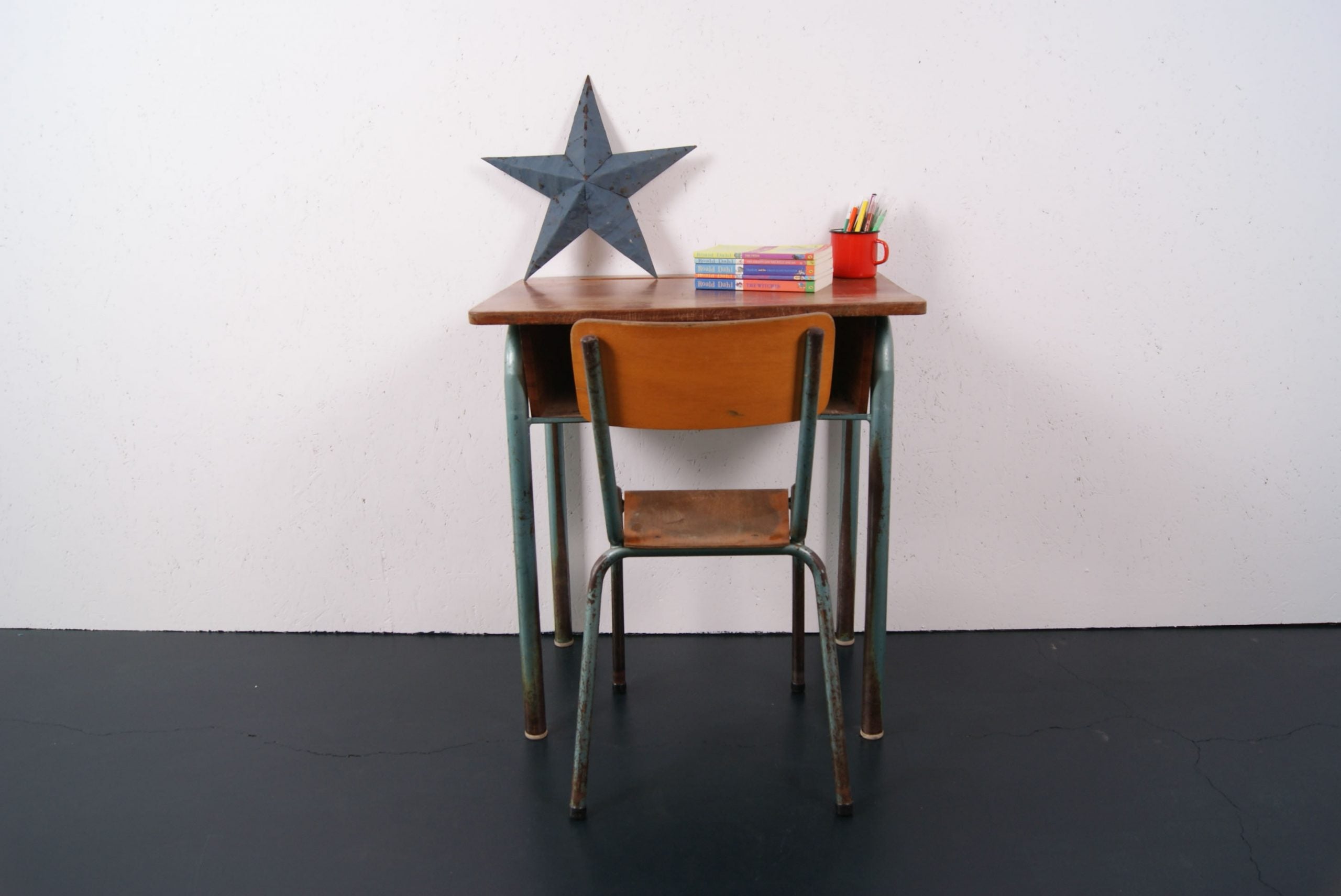 Children's Vintage Green Metal Legged Desk with Shelf