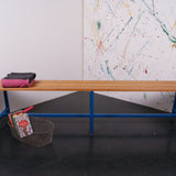 Children's Long French Wooden Bench with Blue Metal Frame