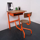 Children's Orange Metal Legged Adjustable desk and Attached Chair