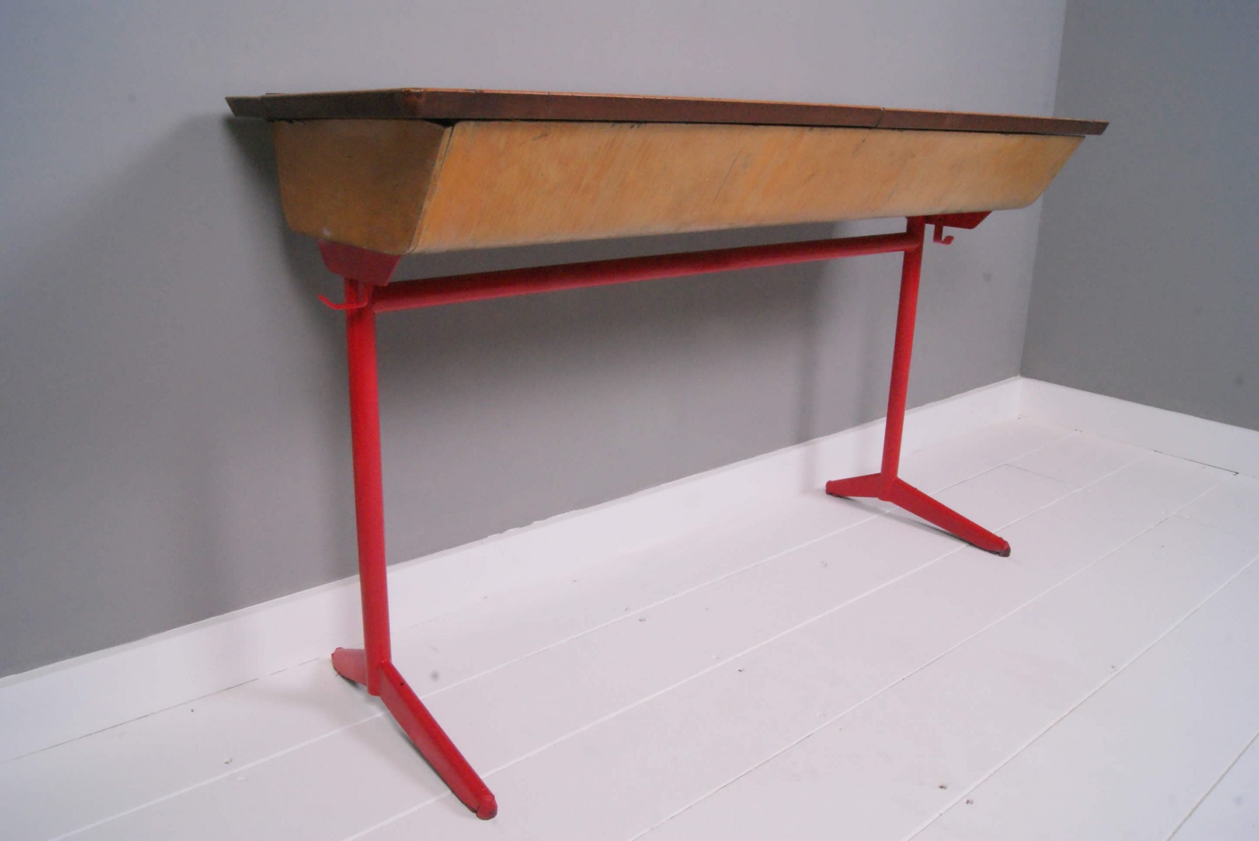 Children's Vintage Double School Desk with Red Metal Legs