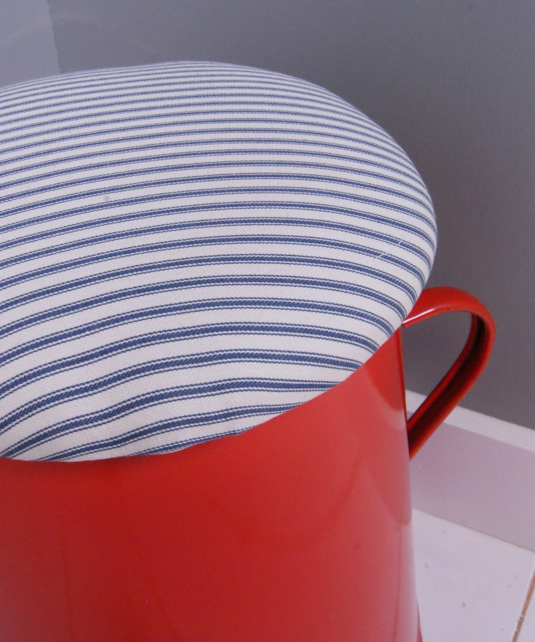Children's Red Enamel Pot Seat with Blue Ticking Lift off Lid