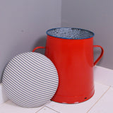 Children's Red Enamel Pot Seat with Blue Ticking Lift off Lid