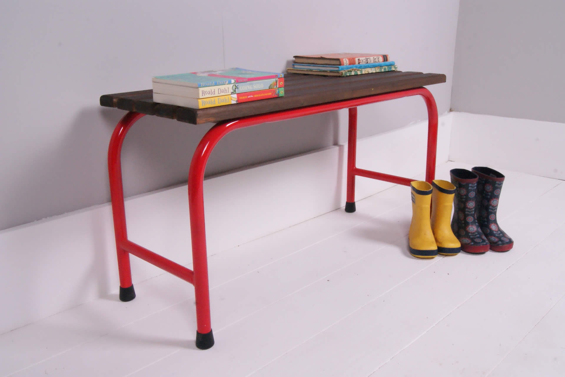 Children's Vintage Gym Bench with Red Metal Legs and Wooden Top