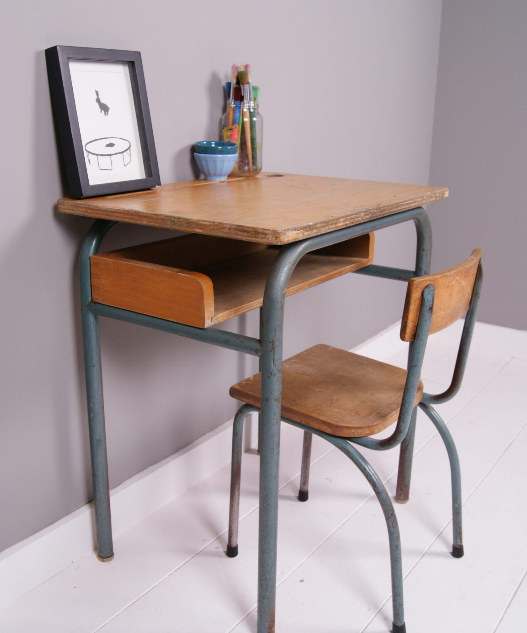 Children's Vintage French school Desk with Metal Frame and Wooden Shelf