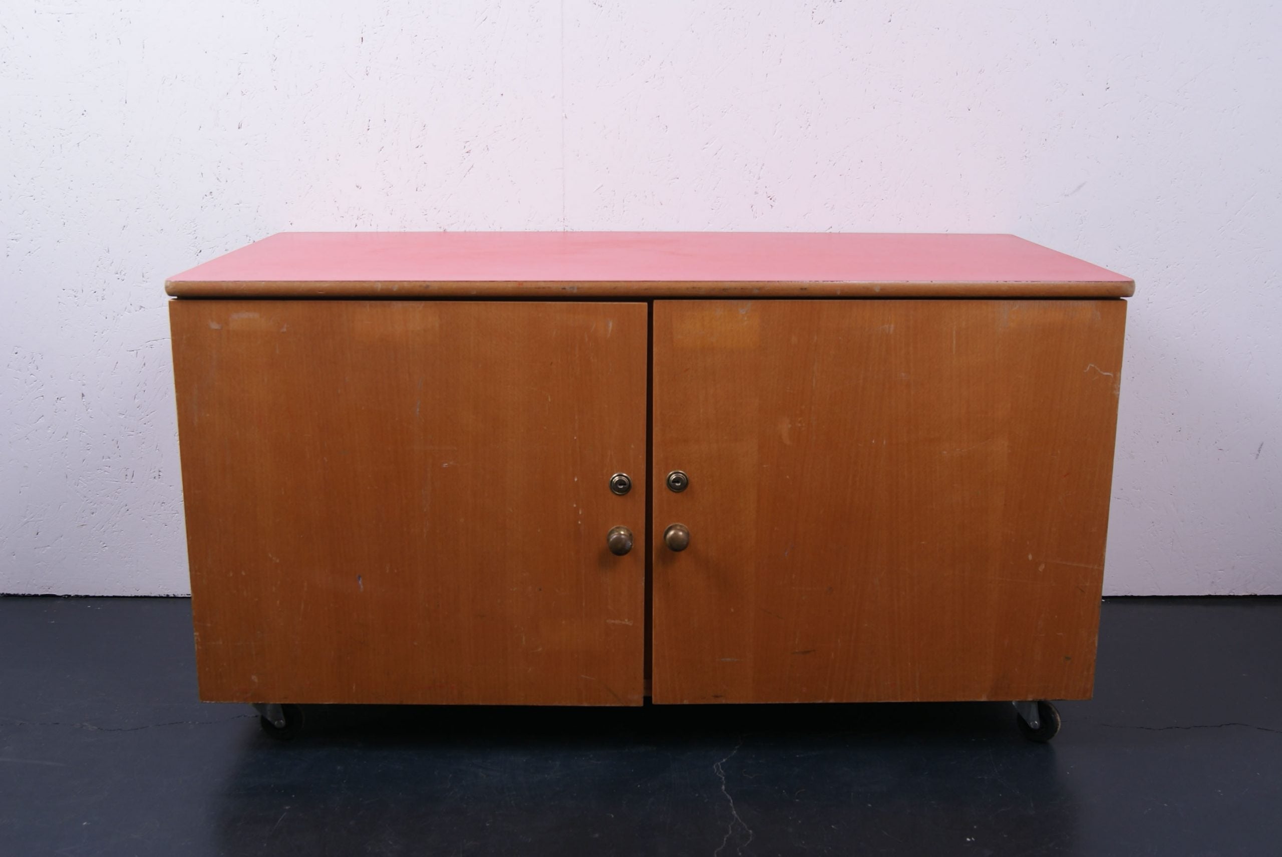 Children's School Wooden Storage Unit on Castors with Red Formica Top