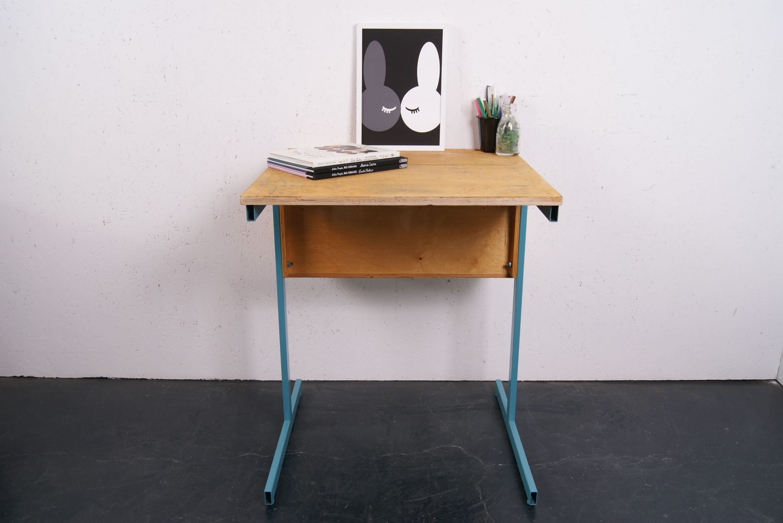 Children's Single School Desk with Turquoise Metal Legs and Storage