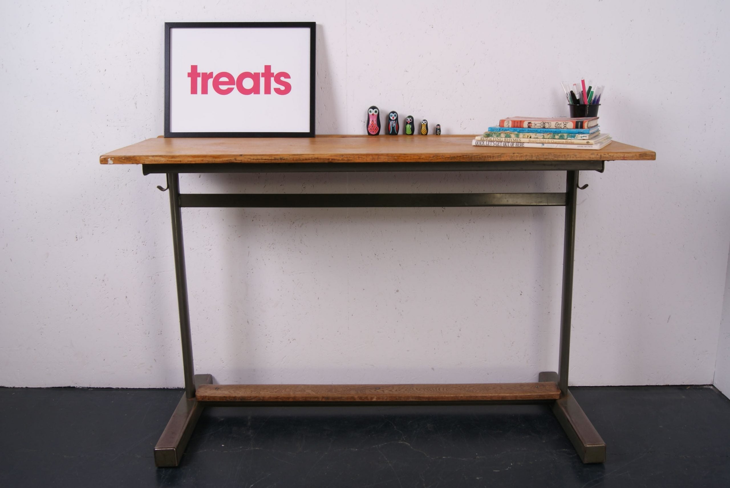 Children's French Double School desk with Green Frame and Footrest