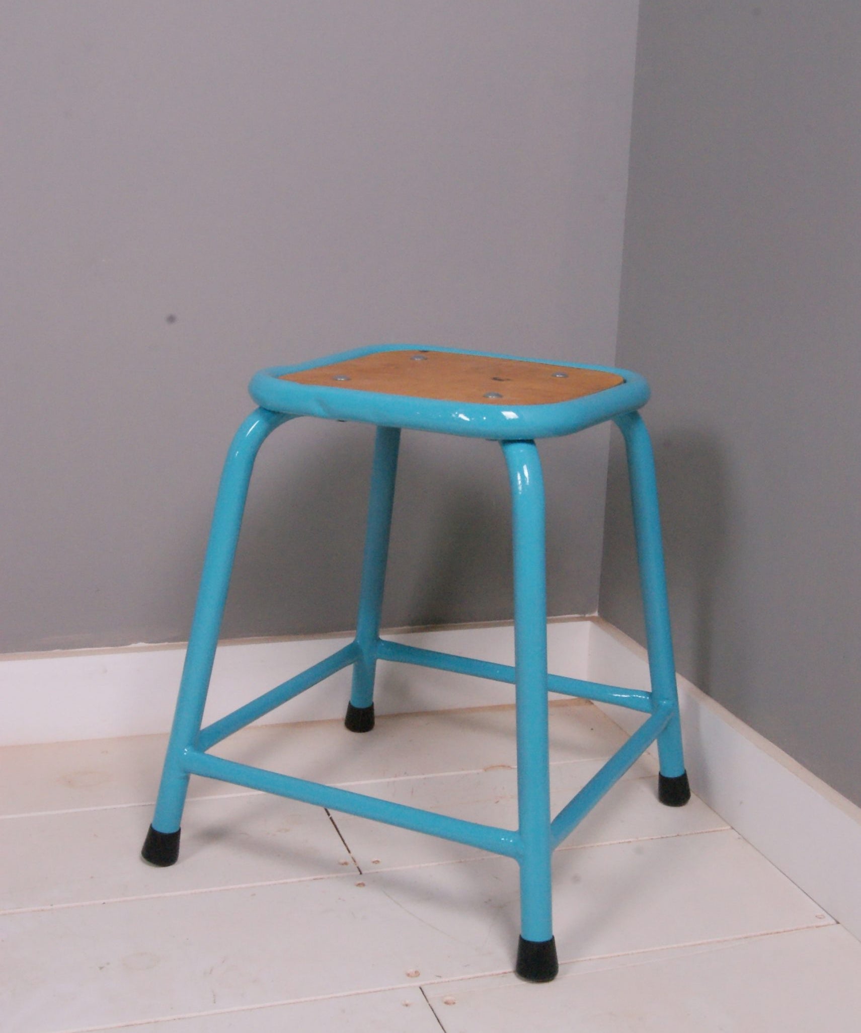 Children's Vintage Turquoise Metal Legged Stool with Wooden Seat