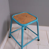 Children's Vintage Turquoise Metal Legged Stool with Wooden Seat