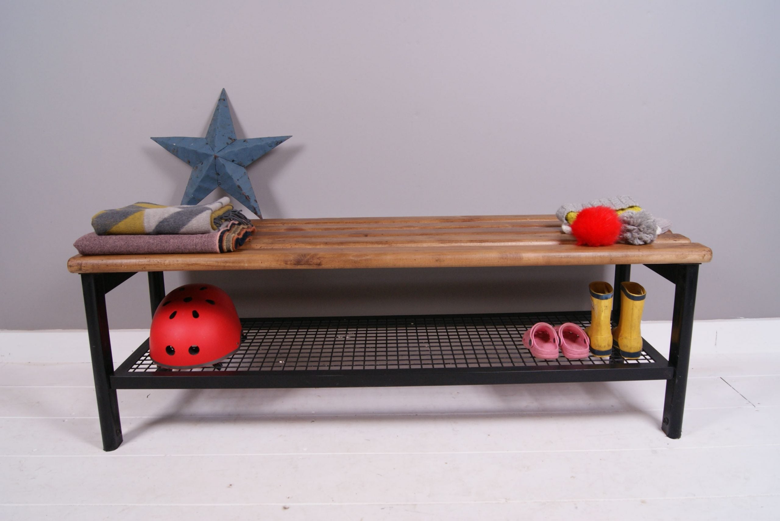 Children's Vintage Black Metal Bench with Slatted Wooden Top