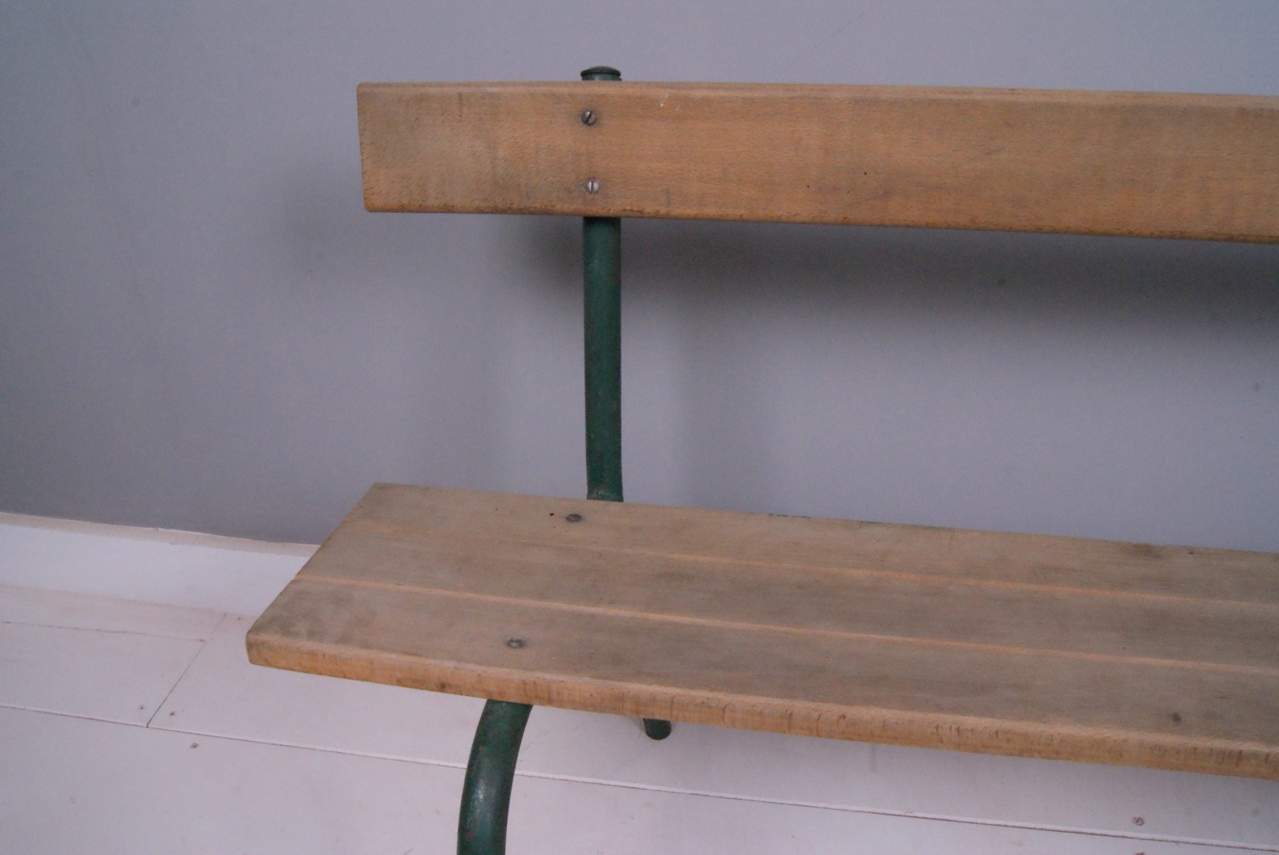 Children's French Wooden Bench with Green Metal Legs