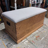 Wooden Chest with Blue Ticking Upholstered Top