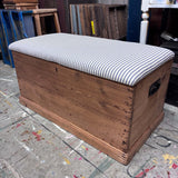 Wooden Chest with Blue Ticking Upholstered Top